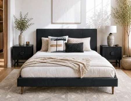 JAVIER - mid-century modern 100% leather queen size bed - Black
