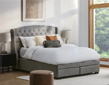RAVEL - traditional tufted upholstered wingback queen size bed with storage - Grey
